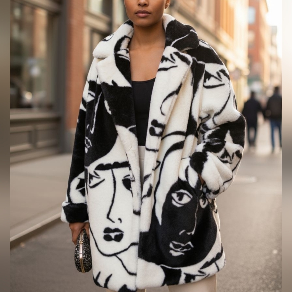 Donny Brook Mob Wife Graphic Faces Faux Fur Coat..
